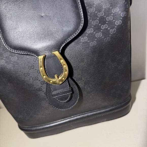 Vintage Gucci Horse Shoe Shoulder Bag Black Leather Canvas Monogram Authentic - Picture 4 of 16